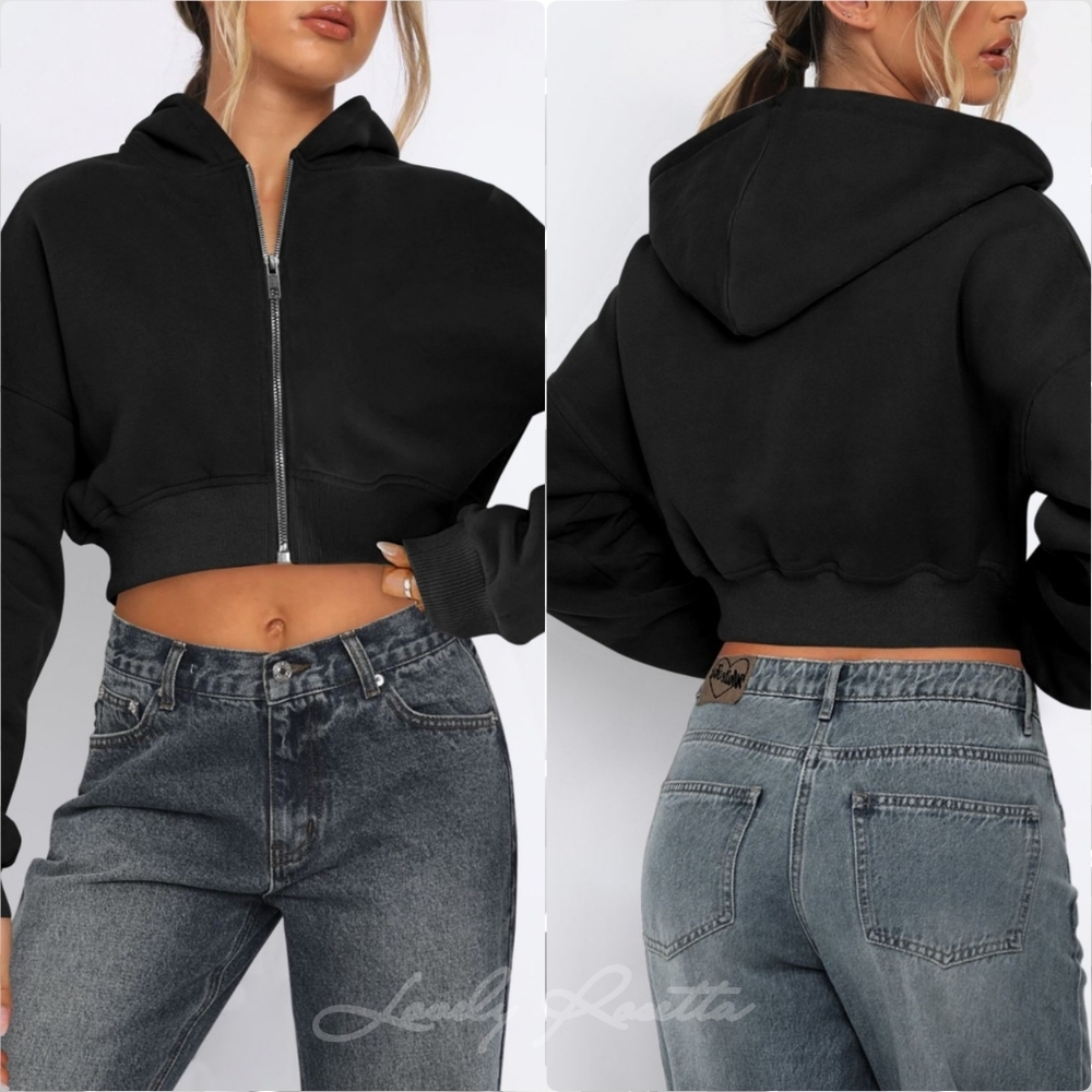 Black Cropped Hooded Zip-Up Jacket